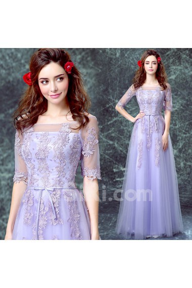 Net, Chiffon Off-the-Shoulder Floor Length Half Sleeve A-line Dress with Bow, Lace