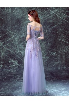 Net, Chiffon Off-the-Shoulder Floor Length Half Sleeve A-line Dress with Bow, Lace