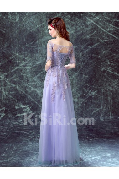 Net, Chiffon Off-the-Shoulder Floor Length Half Sleeve A-line Dress with Bow, Lace