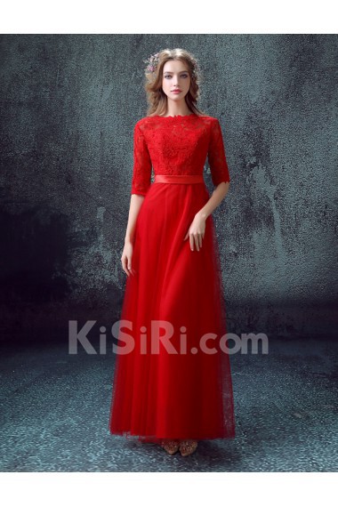 Lace, Tulle Bateau Floor Length Half Sleeve A-line Dress with Sash, Rhinestone