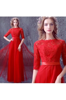 Lace, Tulle Bateau Floor Length Half Sleeve A-line Dress with Sash, Rhinestone