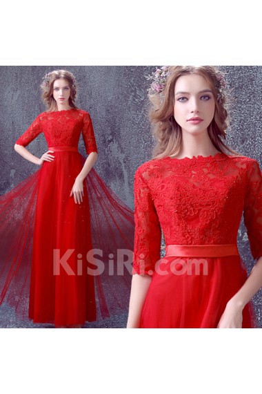 Lace, Tulle Bateau Floor Length Half Sleeve A-line Dress with Sash, Rhinestone