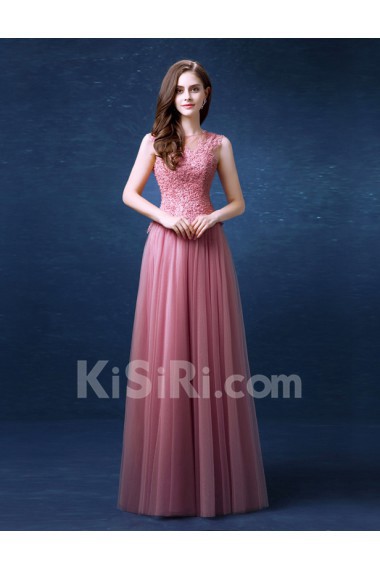 Lace, Organza Jewel Floor Length Sleeveless A-line Dress with Pearl