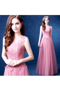 Lace, Organza Jewel Floor Length Sleeveless A-line Dress with Pearl