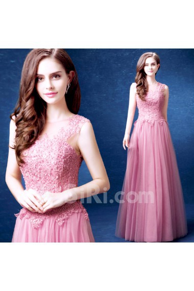 Lace, Organza Jewel Floor Length Sleeveless A-line Dress with Pearl