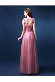 Lace, Organza Jewel Floor Length Sleeveless A-line Dress with Pearl