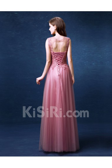 Lace, Organza Jewel Floor Length Sleeveless A-line Dress with Pearl