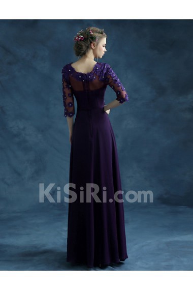 Chiffon, Organza Jewel Floor Length Half Sleeve A-line Dress with Crystal