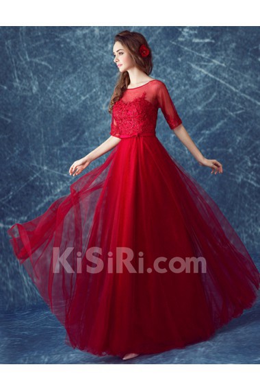 Lace Scoop Floor Length Half Sleeve A-line Dress with Bow