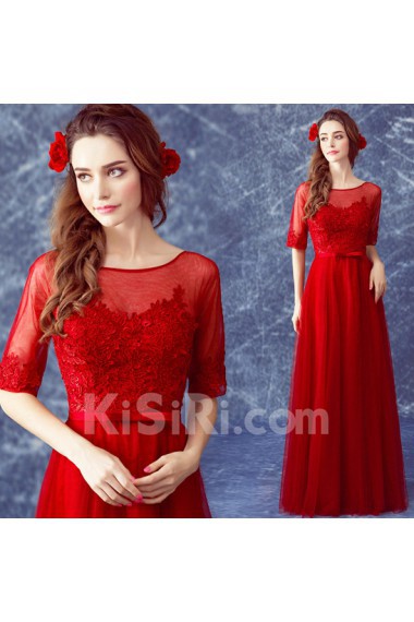 Lace Scoop Floor Length Half Sleeve A-line Dress with Bow