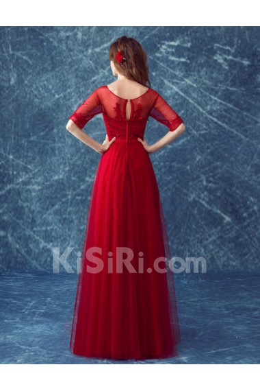 Lace Scoop Floor Length Half Sleeve A-line Dress with Bow