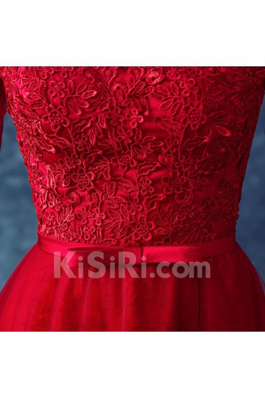 Lace Scoop Floor Length Half Sleeve A-line Dress with Bow