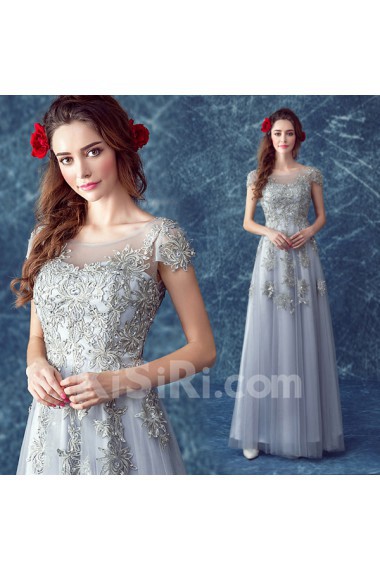 Organza Scoop Floor Length Cap Sleeve A-line Dress with Rhinestone