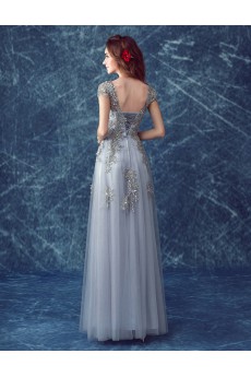 Organza Scoop Floor Length Cap Sleeve A-line Dress with Rhinestone