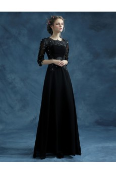 Lace, Chiffon Jewel Floor Length Half Sleeve Sheath Dress with Rhinestone