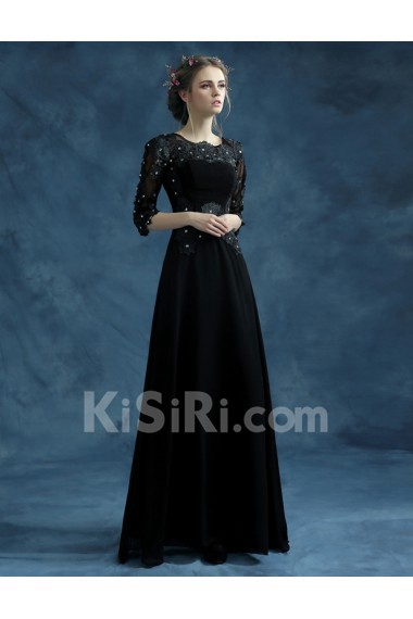 Lace, Chiffon Jewel Floor Length Half Sleeve Sheath Dress with Rhinestone