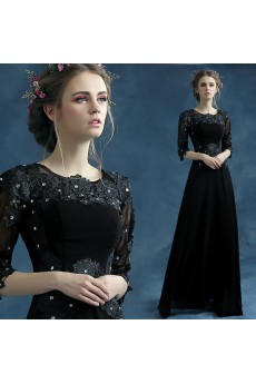 Lace, Chiffon Jewel Floor Length Half Sleeve Sheath Dress with Rhinestone