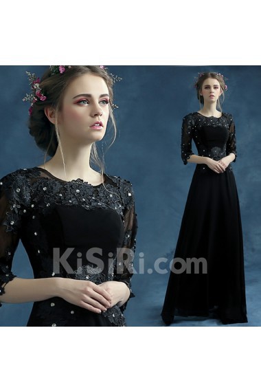 Lace, Chiffon Jewel Floor Length Half Sleeve Sheath Dress with Rhinestone