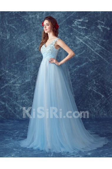 Organza, Lace V-neck Chapel Train Sleeveless A-line Dress with Rhinestone