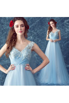 Organza, Lace V-neck Chapel Train Sleeveless A-line Dress with Rhinestone