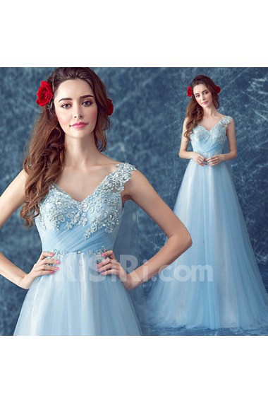 Organza, Lace V-neck Chapel Train Sleeveless A-line Dress with Rhinestone