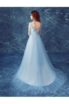 Organza, Lace V-neck Chapel Train Sleeveless A-line Dress with Rhinestone