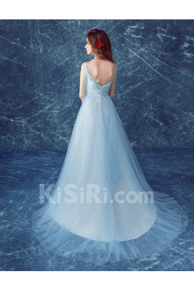 Organza, Lace V-neck Chapel Train Sleeveless A-line Dress with Rhinestone