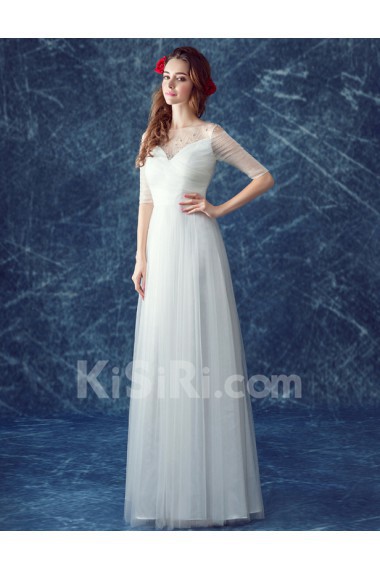 Tulle Scoop Floor Length Half Sleeve Sheath Dress with Rhinestone