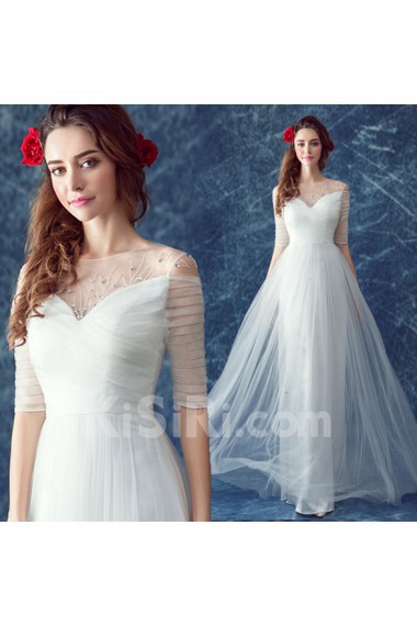 Tulle Scoop Floor Length Half Sleeve Sheath Dress with Rhinestone