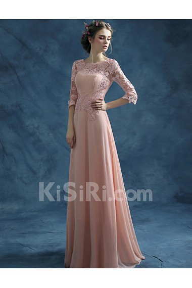 Lace, Chiffon Scoop Floor Length Three-quarter Sheath Dress with Rhinestone