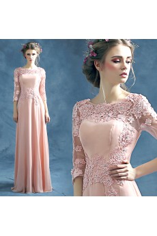 Lace, Chiffon Scoop Floor Length Three-quarter Sheath Dress with Rhinestone