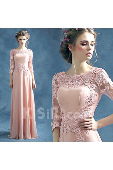 Lace, Chiffon Scoop Floor Length Three-quarter Sheath Dress with Rhinestone