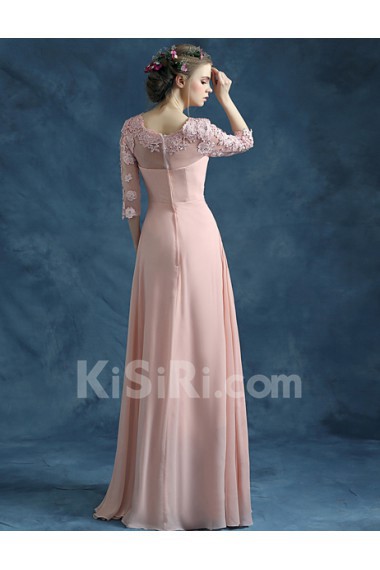 Lace, Chiffon Scoop Floor Length Three-quarter Sheath Dress with Rhinestone