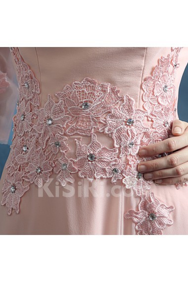 Lace, Chiffon Scoop Floor Length Three-quarter Sheath Dress with Rhinestone