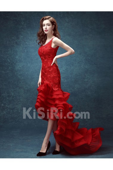 Lace, Organza Scoop Sweep Train Sleeveless Mermaid Dress with Rhinestone