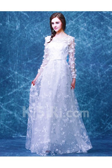 Tulle Scoop Floor Length Long Sleeve A-line Dress with Sequins, Bow