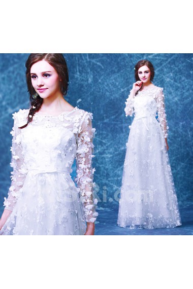 Tulle Scoop Floor Length Long Sleeve A-line Dress with Sequins, Bow