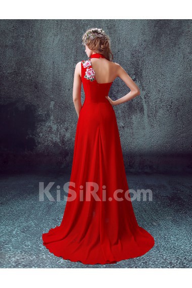 Tulle, Chiffon Halter Sweep Train Sleeveless Sheath Dress with Embroidered