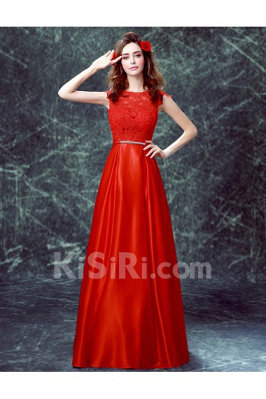 Lace, Satin Jewel Floor Length Cap Sleeve A-line Dress with Bow