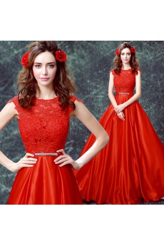 Lace, Satin Jewel Floor Length Cap Sleeve A-line Dress with Bow