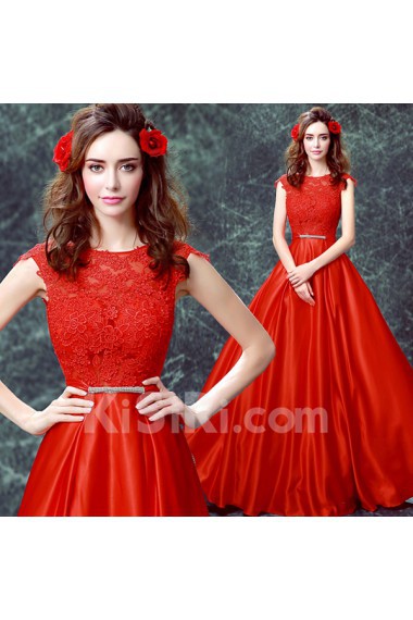 Lace, Satin Jewel Floor Length Cap Sleeve A-line Dress with Bow