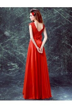 Lace, Satin Jewel Floor Length Cap Sleeve A-line Dress with Bow