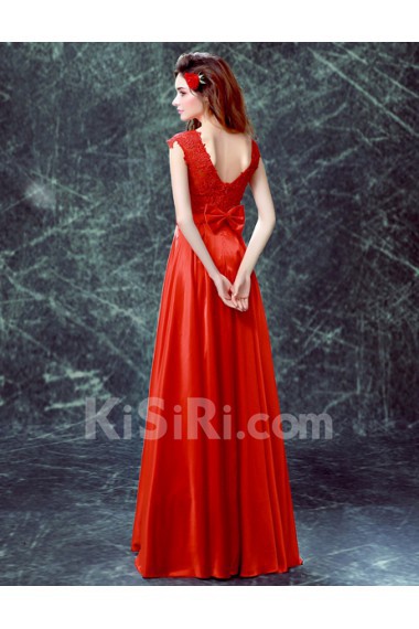 Lace, Satin Jewel Floor Length Cap Sleeve A-line Dress with Bow