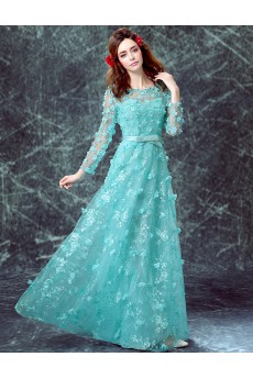 Tulle, Satin Scoop Floor Length Long Sleeve A-line Dress with Bow