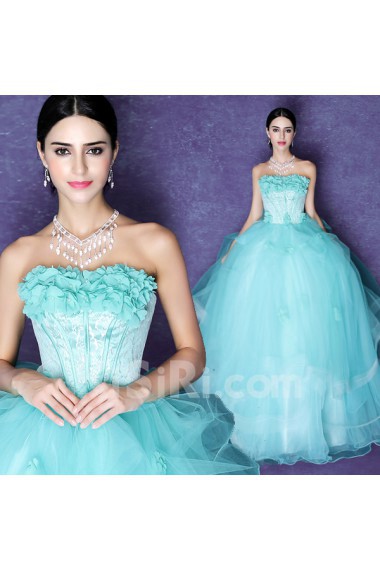 Lace, Organza Strapless Floor Length Sleeveless Ball Gown Dress with Handmade Flowers