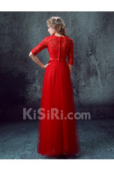 Lace, Tulle Jewel Floor Length Half Sleeve Sheath Dress with Rhinestone