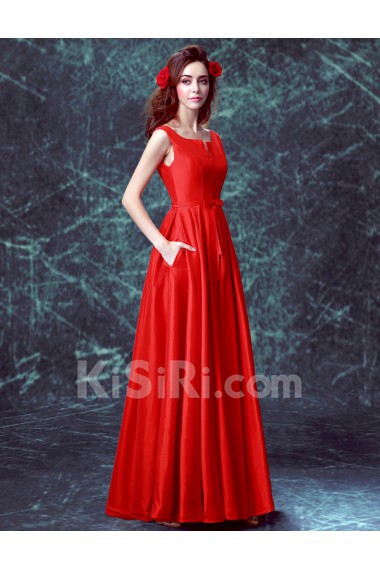 Satin V-neck Floor Length Sleeveless A-line Dress with Bow