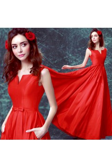 Satin V-neck Floor Length Sleeveless A-line Dress with Bow