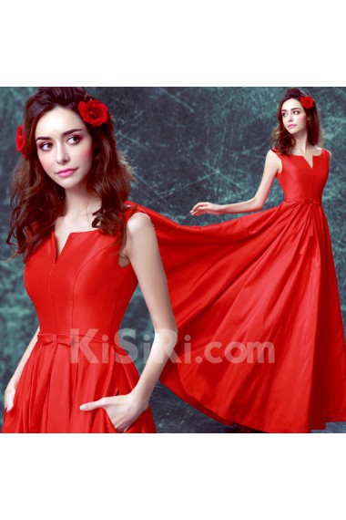 Satin V-neck Floor Length Sleeveless A-line Dress with Bow