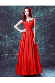 Satin V-neck Floor Length Sleeveless A-line Dress with Bow